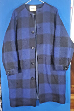 BEAMS BOY Collarless Plaid Coat Blue Black Wool Long Jacket Women's S